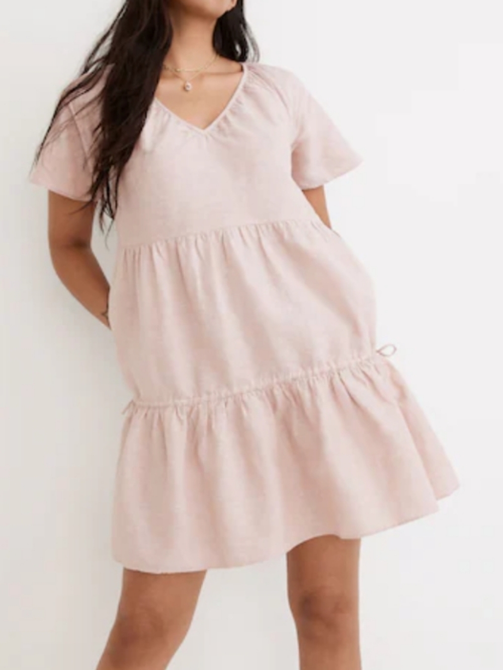 Linen-Blend Mini Dress in Dusty Blush V Neck Tiered With  Bows and Pockets